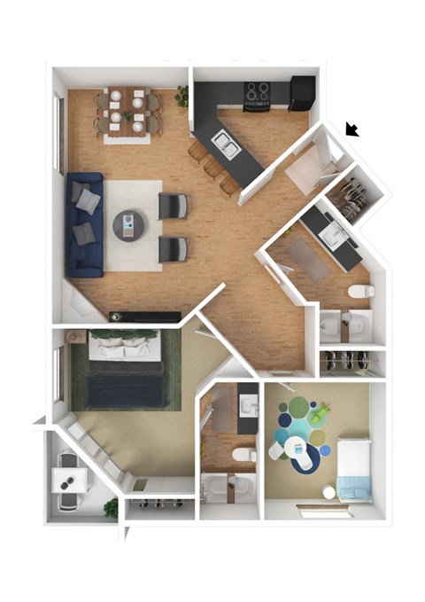 Two bedrooms two bathrooms apartment floorplan